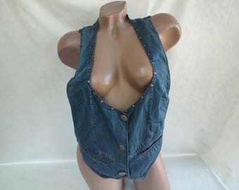 Chaleco de mezclilla azul de algodón estilo vintage de los 90 para mujer, con cuello abierto y espalda descubierta. Talla S.