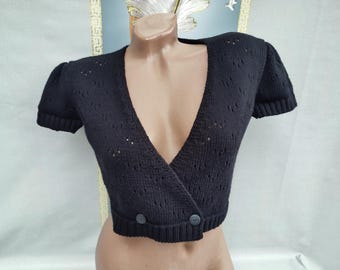 90s Women's Black Deep V Crop Top Button Down Short Sleeve. Sizes M-L.