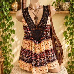 May include: A sleeveless top featuring a deep V-neckline with black lace trim, patterned with horizontal bands of floral and geometric motifs in shades of cream, black, and deep red. A brown braided fringe bag hangs over one shoulder.