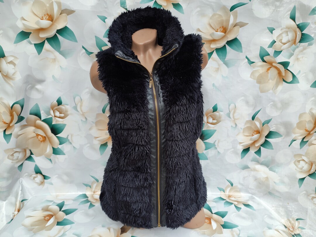 90s Vintage Faux Women's Black Fur Vest With Collar and - Etsy