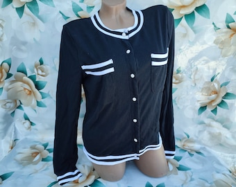90s Vintage Ribbed Cardigan: Black & White Button-Up (S-M)