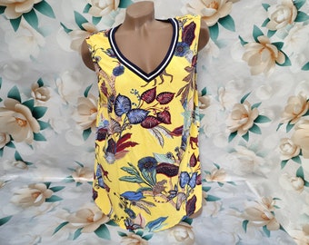 90er Jahre Vintage Baumwolle Damen Gelb Ärmellos Top Afrikanischer Druck. Größe XL-2XL.