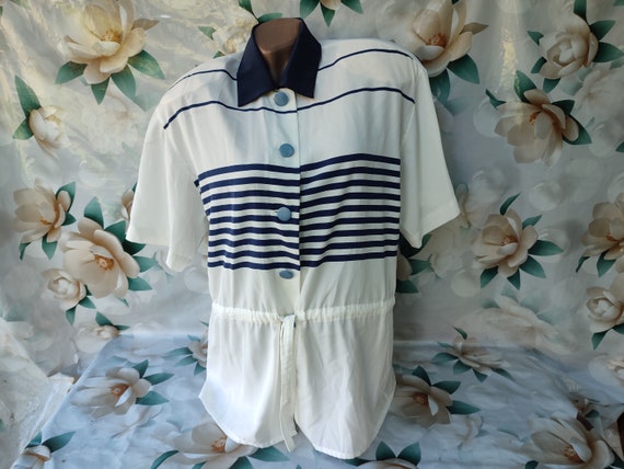 Chemisier Old Navy Bleu Marine Et Blanc Taille L - Manches Courtes, Bas à Bandes, Occasion Bon état
