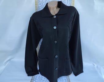 90s Vintage Cotton Women's Black Embroidered Button Cardigan Collar Long Sleeve. Size L-XL.