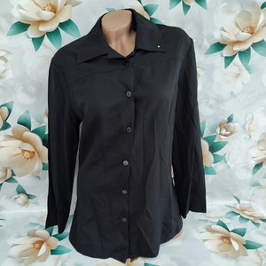 90er Jahre Vintage Chris Line Damen schwarzes formelles minimalistisches Langarmshirt/Bluse. Größe M-L.