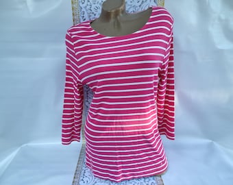 90s Vintage Womens Pink Striped Ribbed V-Neck Wrap Top 3/4 Sleeve. Size M.
