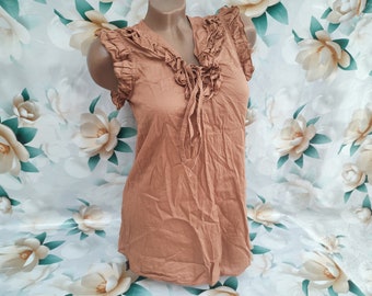 90s Vintage Cotton Women's Brown Ruffle Sleeveless Boho Tie Blouse/Top. Size S-M.
