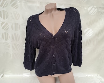 Jaren 90 vintage dames zwart korte v-hals vest knoopoogje korte mouw. Maat L-XL.