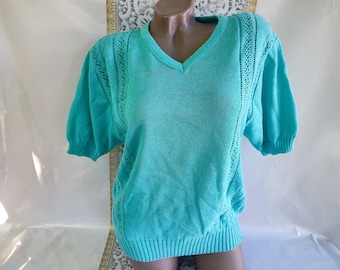 Suéter azul claro de cuello en V para mujer, estilo vintage de los años 90, de manga corta y gran tamaño. Tallas S-M.