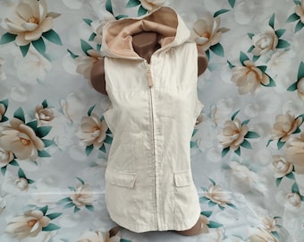 90s Vintage women&#39;s cream nylon vest hooded zipper with pockets. Size M-L.