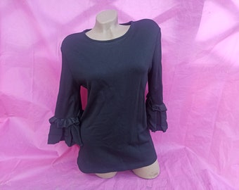 90s Vintage Black Top, Puff Ruffle Sleeves (Size XS-S)