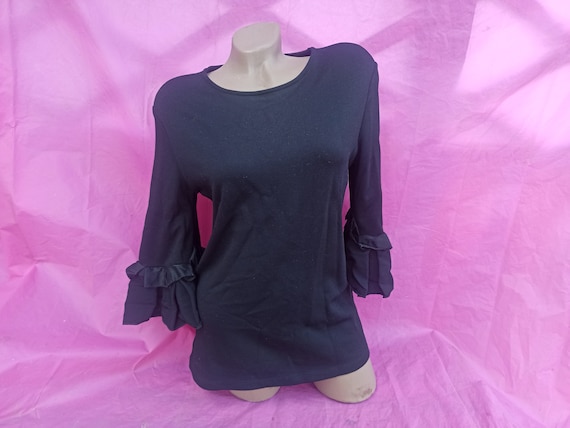 90s Vintage Black Top, Puff Ruffle Sleeves (Size XS-S)