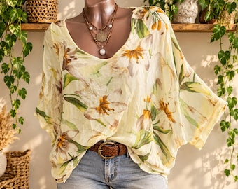 90s Women's Silk Floral Batwing Blouse Sheer Yellow Lily Oversized Boho Top. Sizes M-L.