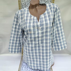 90s Vintage Germany Women&#39;s Blue Checkered Blouse/Shirt Half Sleeve. Size XL.