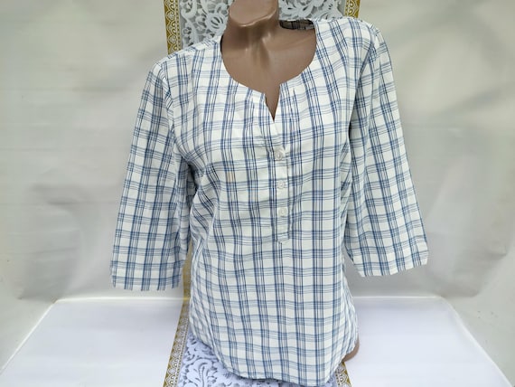 90s Vintage Germany Women's Blue Checkered Blouse/Shirt Half Sleeve. Size XL.