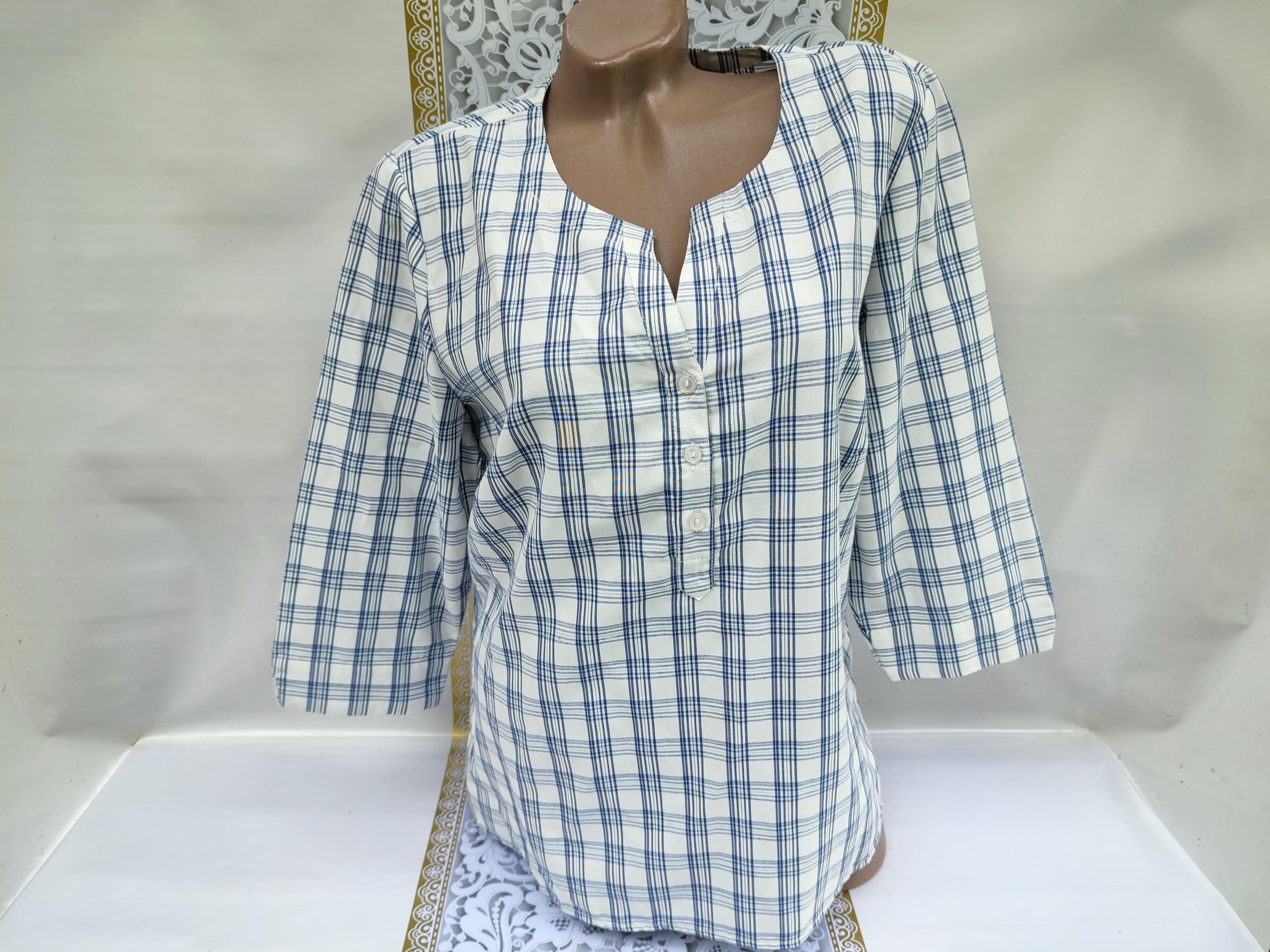 90s Vintage Germany Women's Blue Checkered Blouse/Shirt Half Sleeve. Size XL.