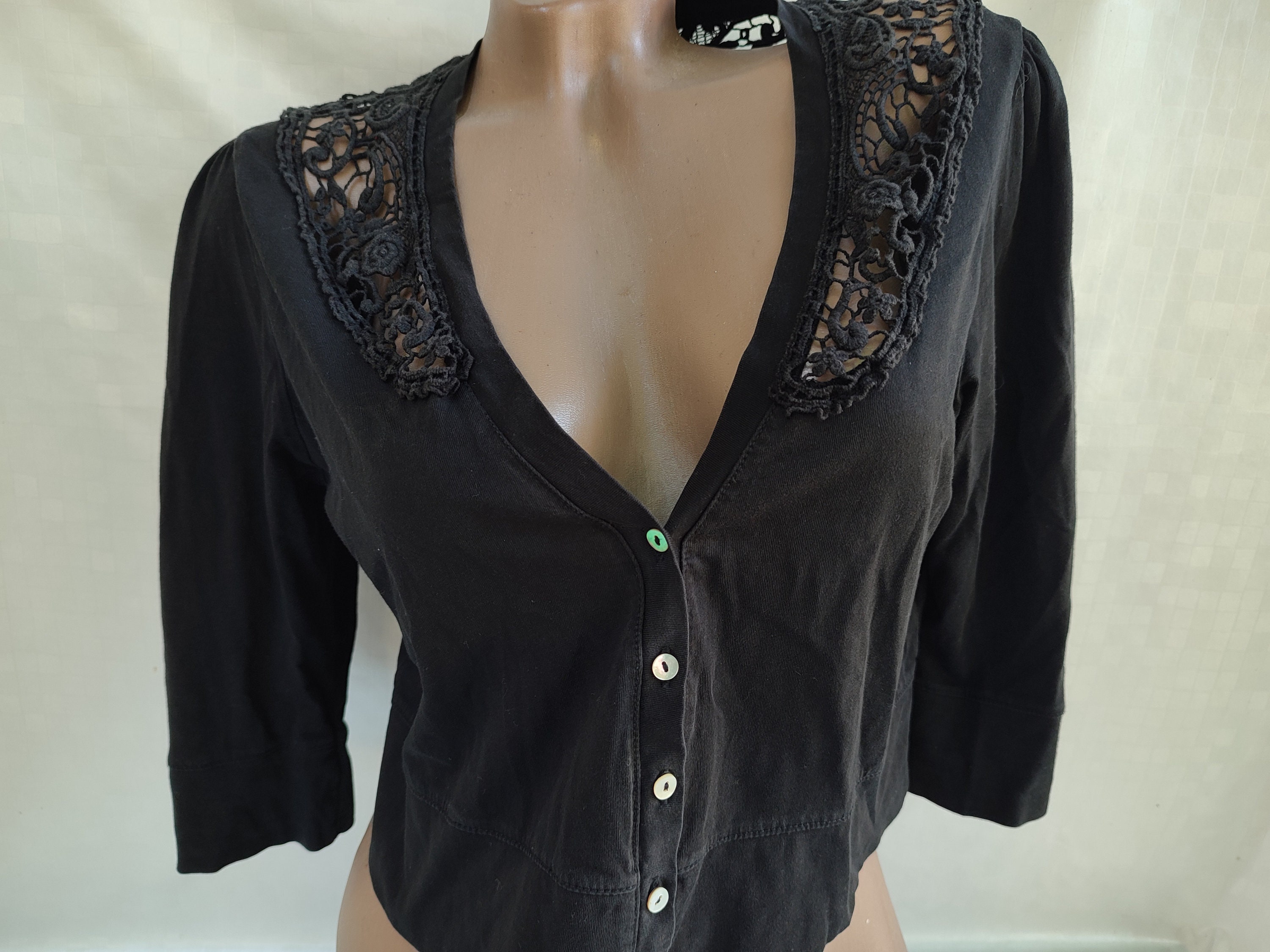 90s Vintage Cotton Womens Black Lace V-neck Crop Bolero