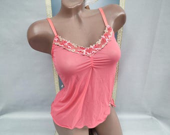90s Women's Pink Translucent Lace Tank Top. Size XS-S.