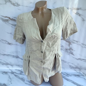 90s Vintage Linen Women Gray Boho V Neck Blouse Short Sleeve. Size S.