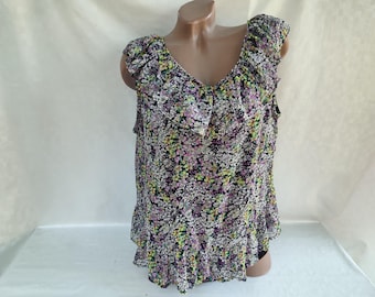 90s Vintage Womens Floral V-Neck Ruffle Sleeveless Top. Size 2XL.
