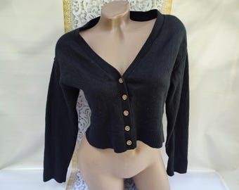90s Vintage Women's Black V-neck Cardigan Buttoned Long Sleeve