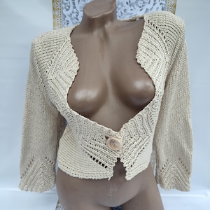 90年代ヴィンテージニットボレロ：ベージュアイレットオープンネック、サイズS-M