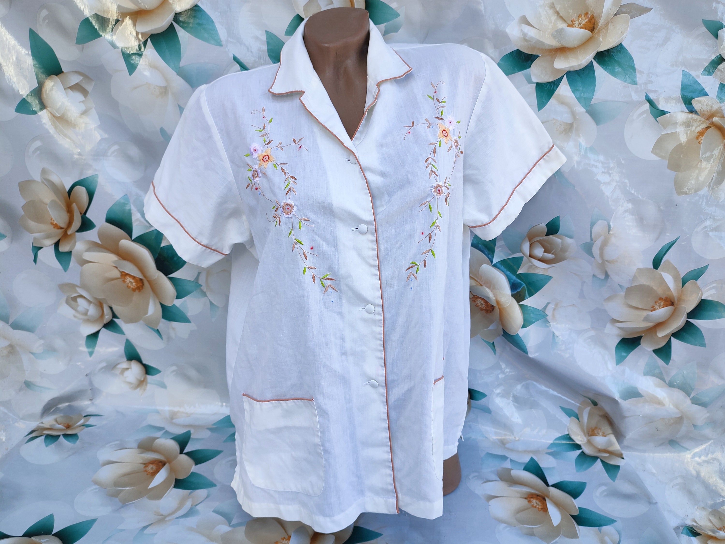 春早割 80s Embroidery Floral Blouse/Shirt White Women's Vintage トップス