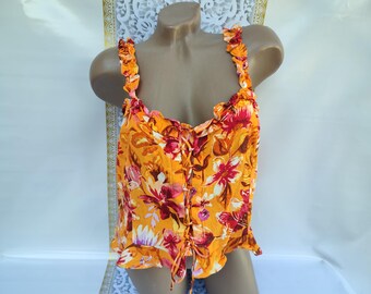 90s Vintage Viscose Women's Bright Orange Floral Ruffle Tank Top. Size M.