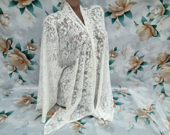 90s Vintage Women's White Lace Bolero/Poncho Tulle Quarter Sleeve. Size M-L-XL.