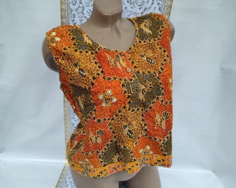 90s Vintage Women's Orange Abstract Sleeveless Crop Top. Size M.