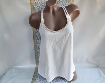 90s Women's White Tank Top With Sparkling Rhinestones. Size M.
