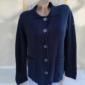 90s Vintage Cotton Women&#39;s Blue Collar Cardigan With Button Pockets Long Sleeve. Size M-L.