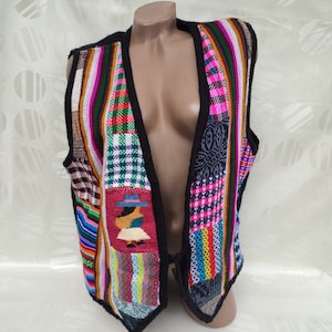 90s Vintage Women&#39;s Multicolor Ratchwork Nordic Vest Tie Oversized. Size L-XL.