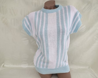 90s Vintage Womens Blue White Knitted Top/Tee Striped Short Sleeve. Size M-L.