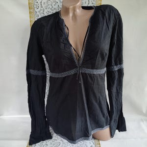 90s Vintage Cotton Women Black Boho Deep V Blouse/Top Tie Long Sleeve. Size M.
