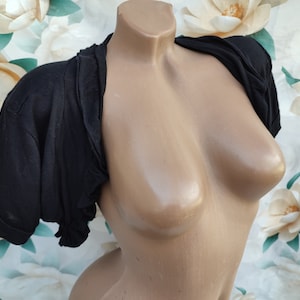 90s Vintage viscose women&#39;s black cropped bolero with ruffles short sleeve. Size XS-S.