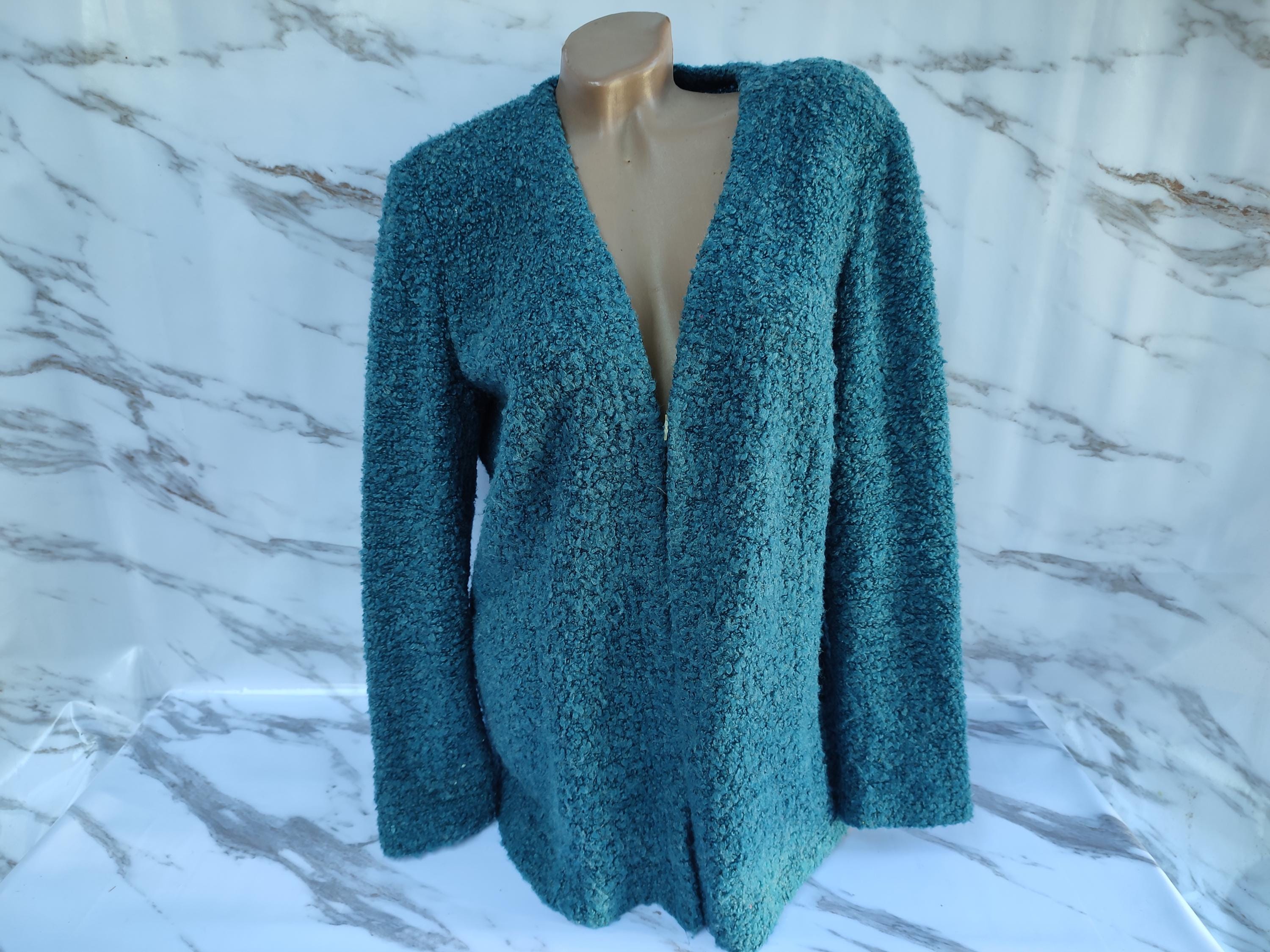【最安値】 90s Vintage Wool Womens Turquoise Boucle Cardigan Long トップス