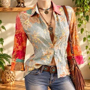 Damenbluse aus Baumwolle im 90er-Jahre-Stil mit floralem Patchwork-Muster und Knöpfen, abstraktem, mehrfarbigem Design. Größen S-M.