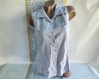 90s Vintage Linen Light Blue Sleeveless Top Shirt. Size M.