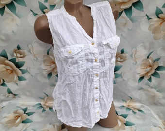 Top/blusa vintage de algodón sin mangas con ojales para mujer de los años 90. Talla M-L.