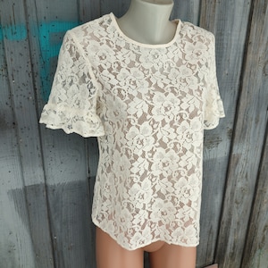 90s Vintage Lace Tulle Top: Floral Pattern, Size M-L