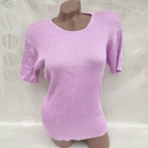 90s Vintage Women&#39;s Lilac Ribbed Top/Tee Short Sleeve. Size L-XL.