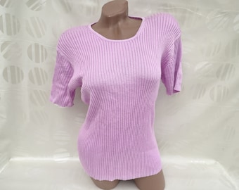 90s Vintage Women's Lilac Ribbed Top/Tee Short Sleeve. Size L-XL.
