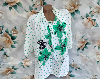 Chemisier blanc pour femme vintage des années 90 à pois verts, col châle, manches courtes. Taille XL-2XL.