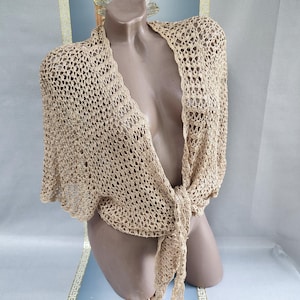 90s Women's Beige Crochet Bolero Tie, Short Sleeve. Size L-XL.