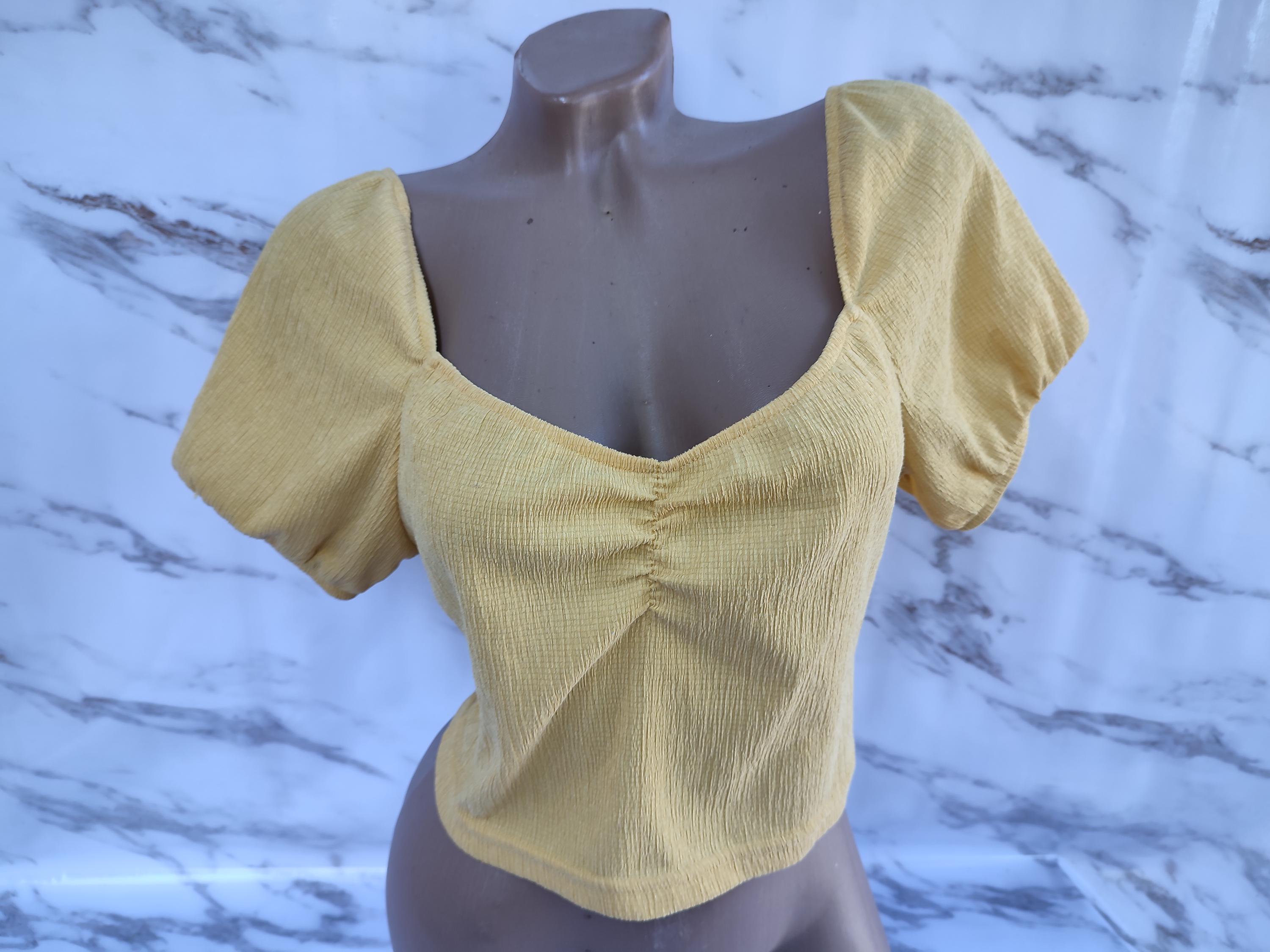 90s Vintage Womens Mustard Plaid Crop Top Open Neck Short Lantern