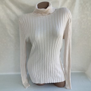 90er Jahre Vintage Frauen Cremefarben Gerippter Pullover/Rollkragenpullover Langarm. Grösse L.