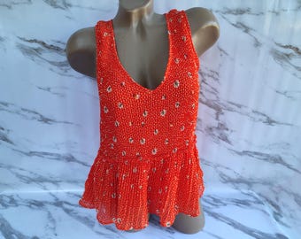 90s Vintage Women's Pleated Red Polka Dot Floral Sleeveless Top. Size XS-S.