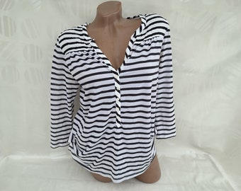 90s Vintage Cotton Womens Black White Striped Top/Shirt Long Sleeve. Size S-M.