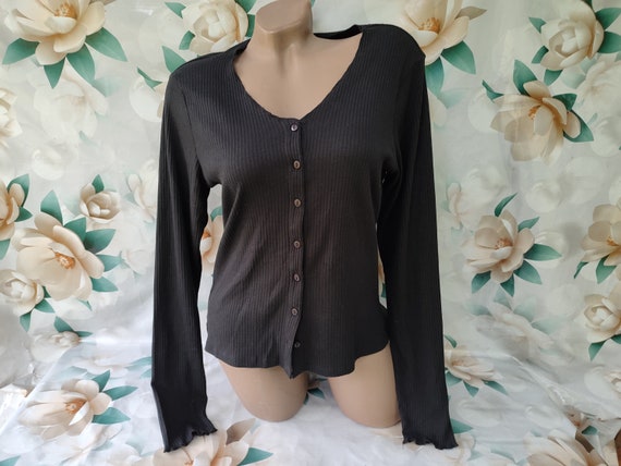 90s Vintage Women s Black Ribbed Button Down Cardigan Long Sleeve. Size M L. Etsy UK